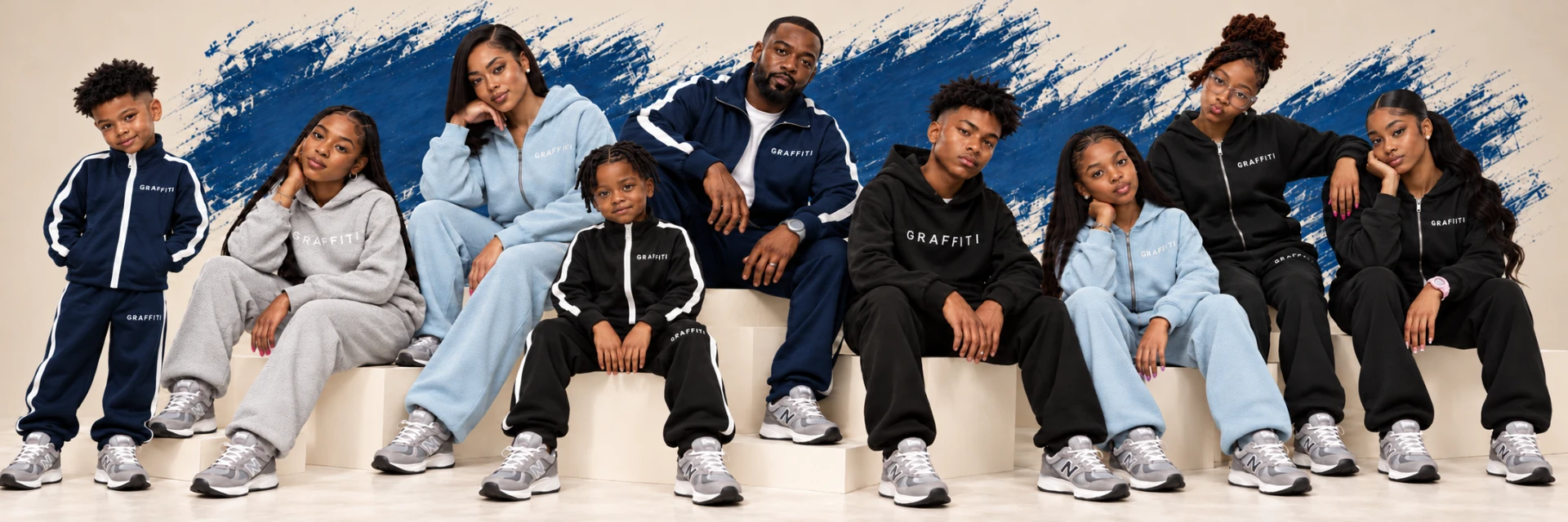 Nine kids, teens, and adults modeling Graffiti Dreams streetwear in black, navy, gray and light blue, against royal-blue paint strokes