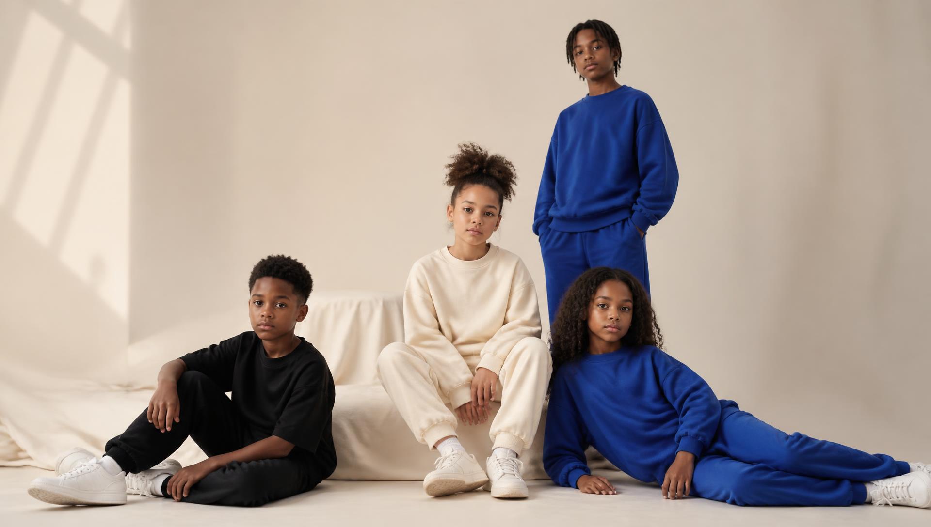 A group of children in cream, black and royal blue unisex streetwear on a cream studio backdrop